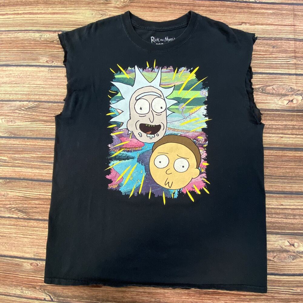 Rick and Morty Cut Off Sleeve Black Graphic T-shirt Sz Large